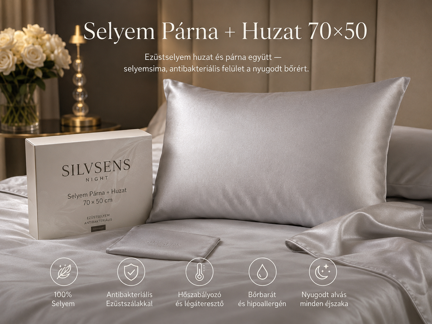 Selyem Párna + Ezüstselyem Huzat – 70 × 50 cm